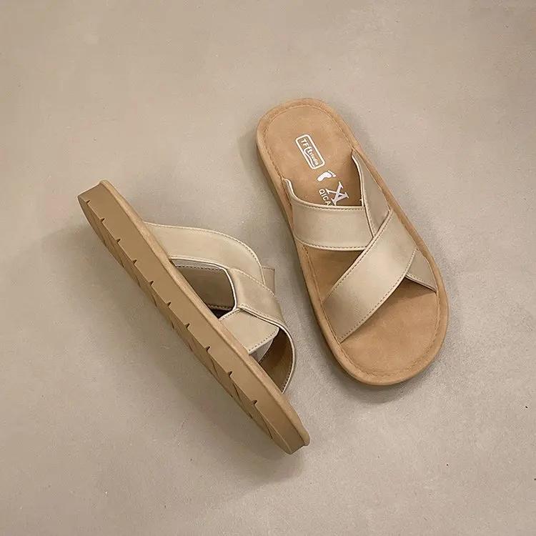 Fashion 2024 Fashion Hot Selling High Quality Summer Women's Slippers Open Toe Flat Heel Comfortable Outerwear Solid Color Women's Shoes
