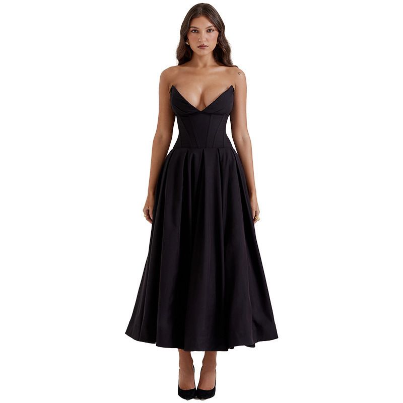 Dress Summer New Sexy Tube Top Long Dress Western Style Fashion Pointed Angle Fishbone Waist a Hem Dress Women