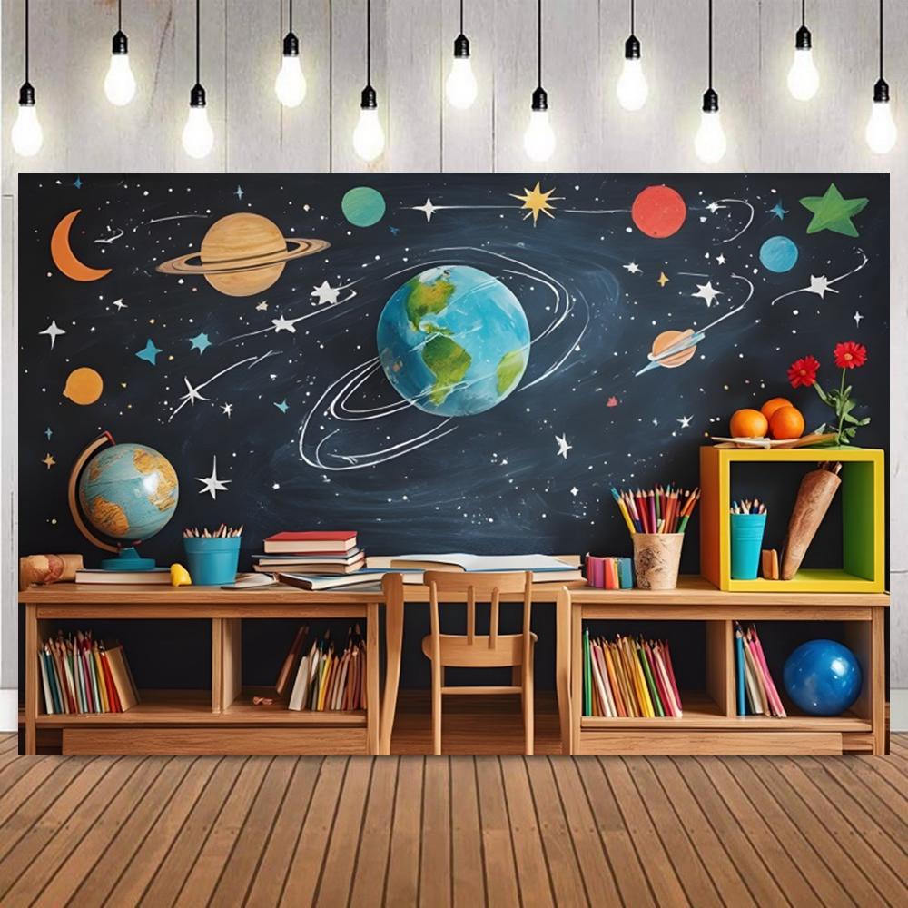 Welcome Back To School Photography Backdrop Black Chalkboard Globe Book First Day of School Homecoming Children Photo Background10
