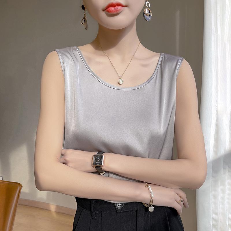 Acetate Satin Low Round Neck Suspender for Women's In Summer New Trendy and Versatile Face Vest Skin-friendly Cool Sleeveless Top