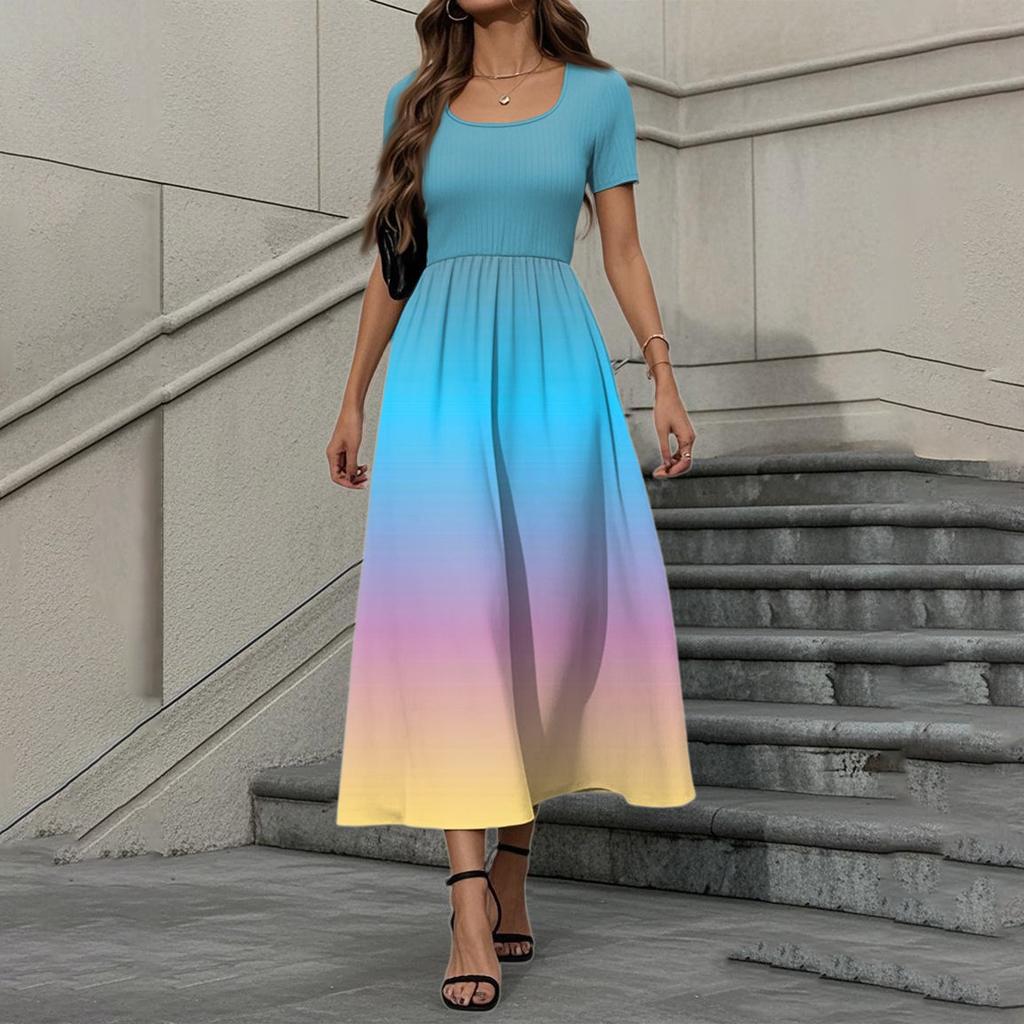 Women's Fashion Casual Short Sleeve Round Neck Splicing Gradient Elegant Temperament Dress