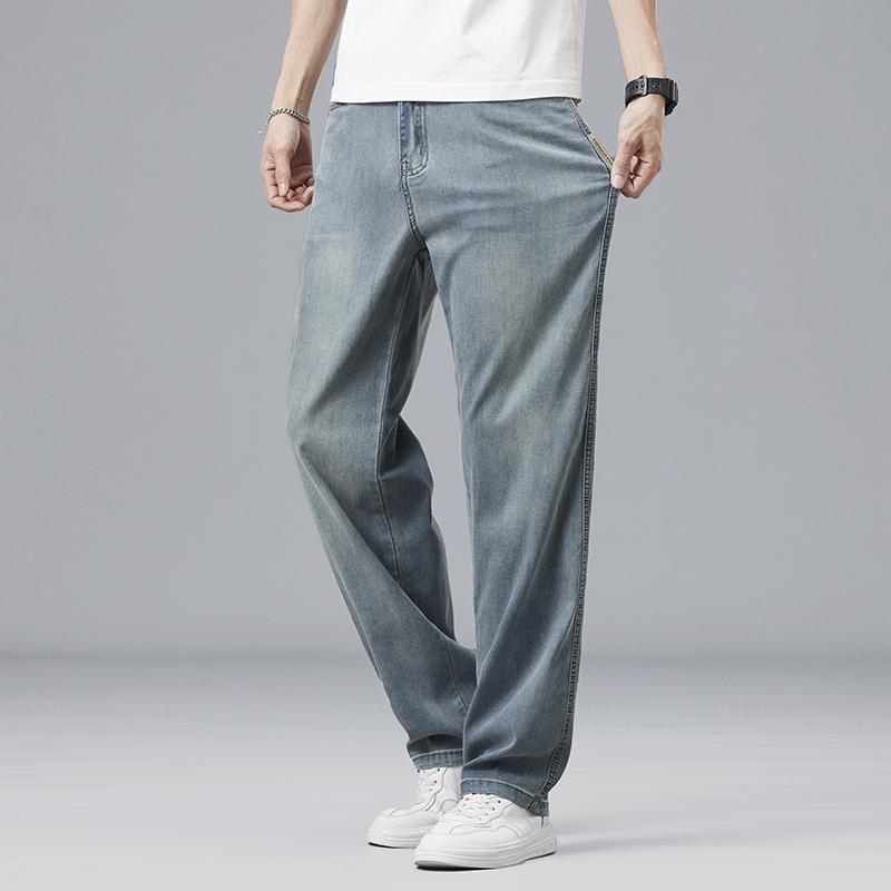 Summer Ultra-thin Lyocell Men's Jeans Drape Soft Fabric Loose Straight Casual Denim Pants Elastic Ice Silk Male Trousers