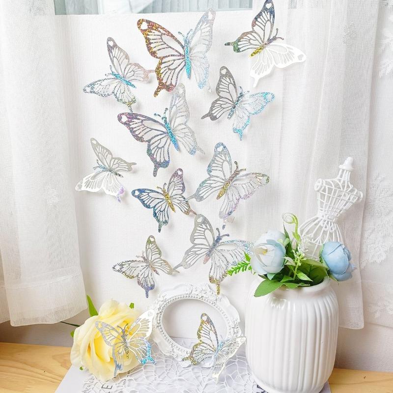 12Pcs/Set 3D Hollow Wall Stickers Butterflies Mirror Wall Art Party Wedding Decoration DIY Home Decor Stickers Fridge Wall Decal