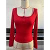 Square Collar Slim Fit Lace Women Blouse Half Open Collar Sweet Tops Casual Long Sleeve Solid Color Simple Short Shirts Ladies Spring Summer Clothing