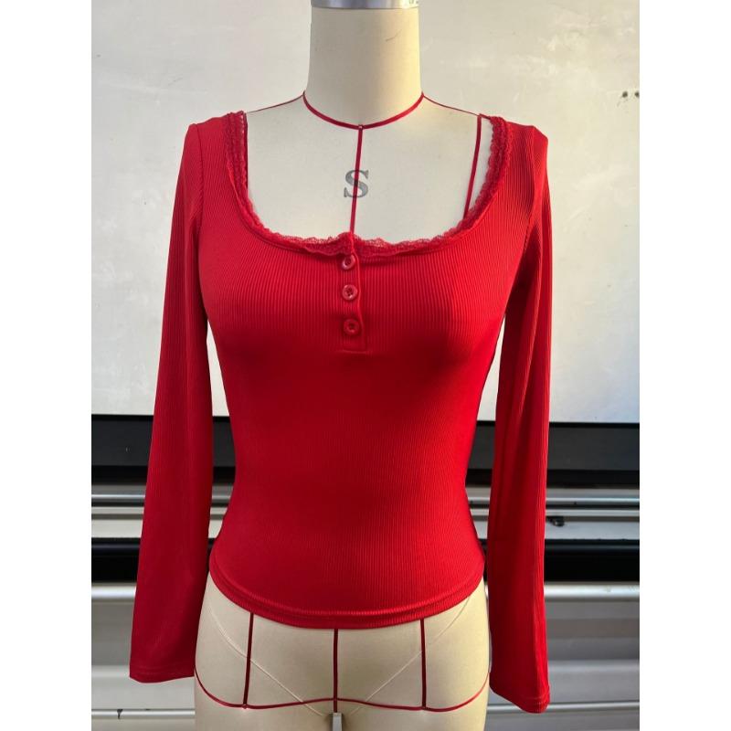 Square Collar Slim Fit Lace Women Blouse Half Open Collar Sweet Tops Casual Long Sleeve Solid Color Simple Short Shirts Ladies Spring Summer Clothing