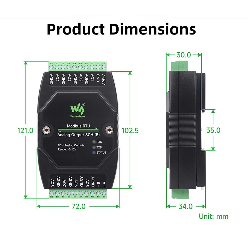 Industrial 8-Channel Analog Output Module 12-bit DA Converter DC 7-36V Wide Voltage Isolation Modbus RTU Current/Voltage