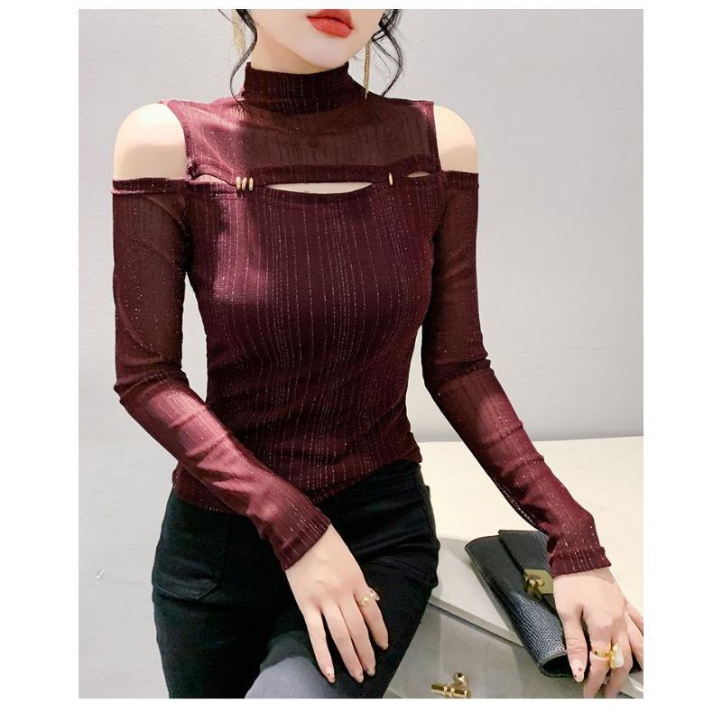 Herbst Neue Mode Mesh Mode Schulterfrei Sexy Slim Halber Rollkragen Langarm Bottoming Damen Trend