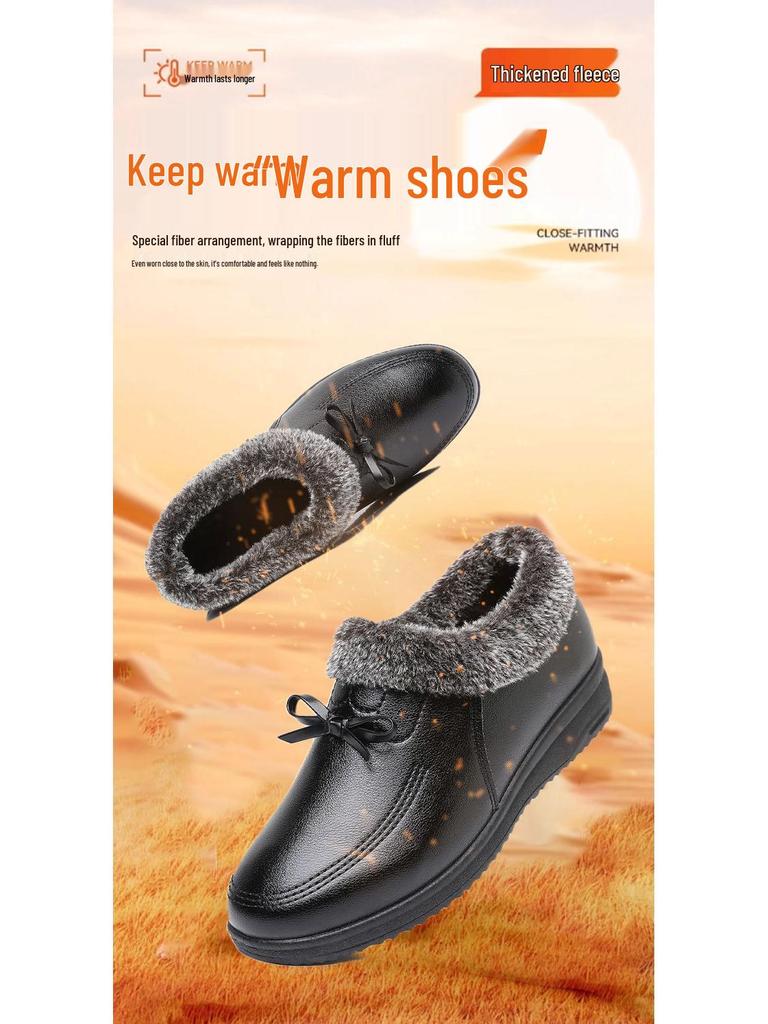 Teplé zimní dámské kožené boty s protiskluzovou podrážkou a plyšovou podšívkou pro seniory