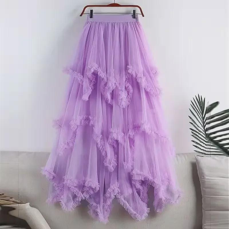 Women's 2024 Summer High-Waist Mesh A-Line Ruffled Skirt - Irregular Mid-Length Niche Style