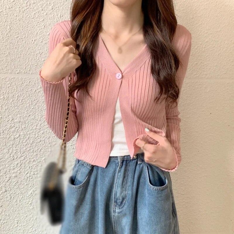 Dámské jednobarevné zapínání na knoflíky s dlouhými rukávy, dámský pletený kardigan