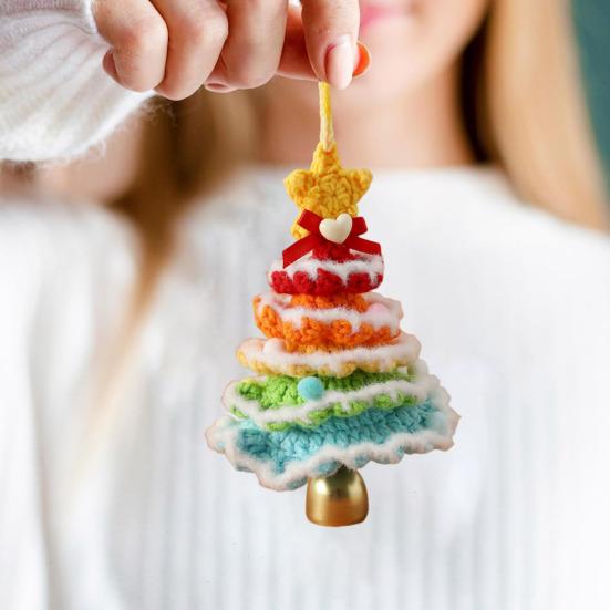 Handmade Mini Knitted Christmas Tree Ornament Multi-Layered Crochet Snow Flocked Tree with Gold Bells