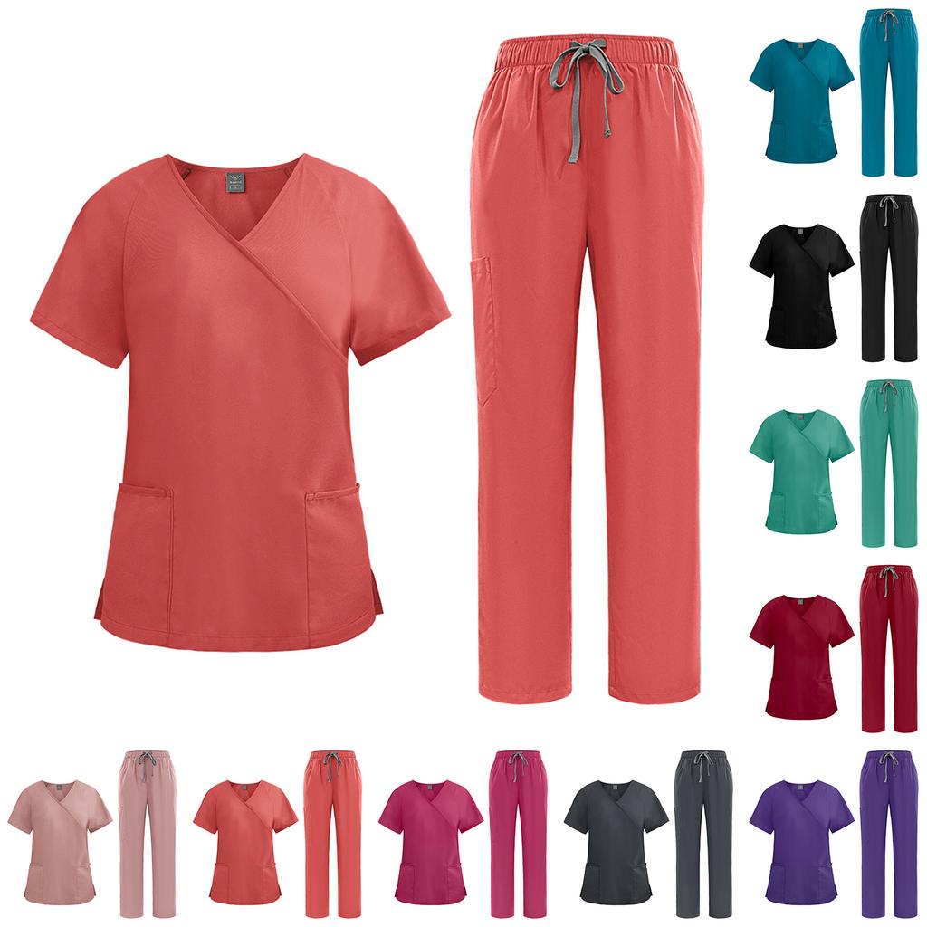 Women's Loose And Comfortable V-neck Short Sleeved Workwear With Tie Up Top And Waist Cinching Beauty Suit Set