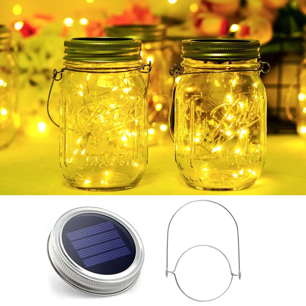 

Solar Mason Jar Lid Light 20 Leds Fairy String Lights with Handles for Garden Hanging Lantern Patio Wedding Party (No Jar)