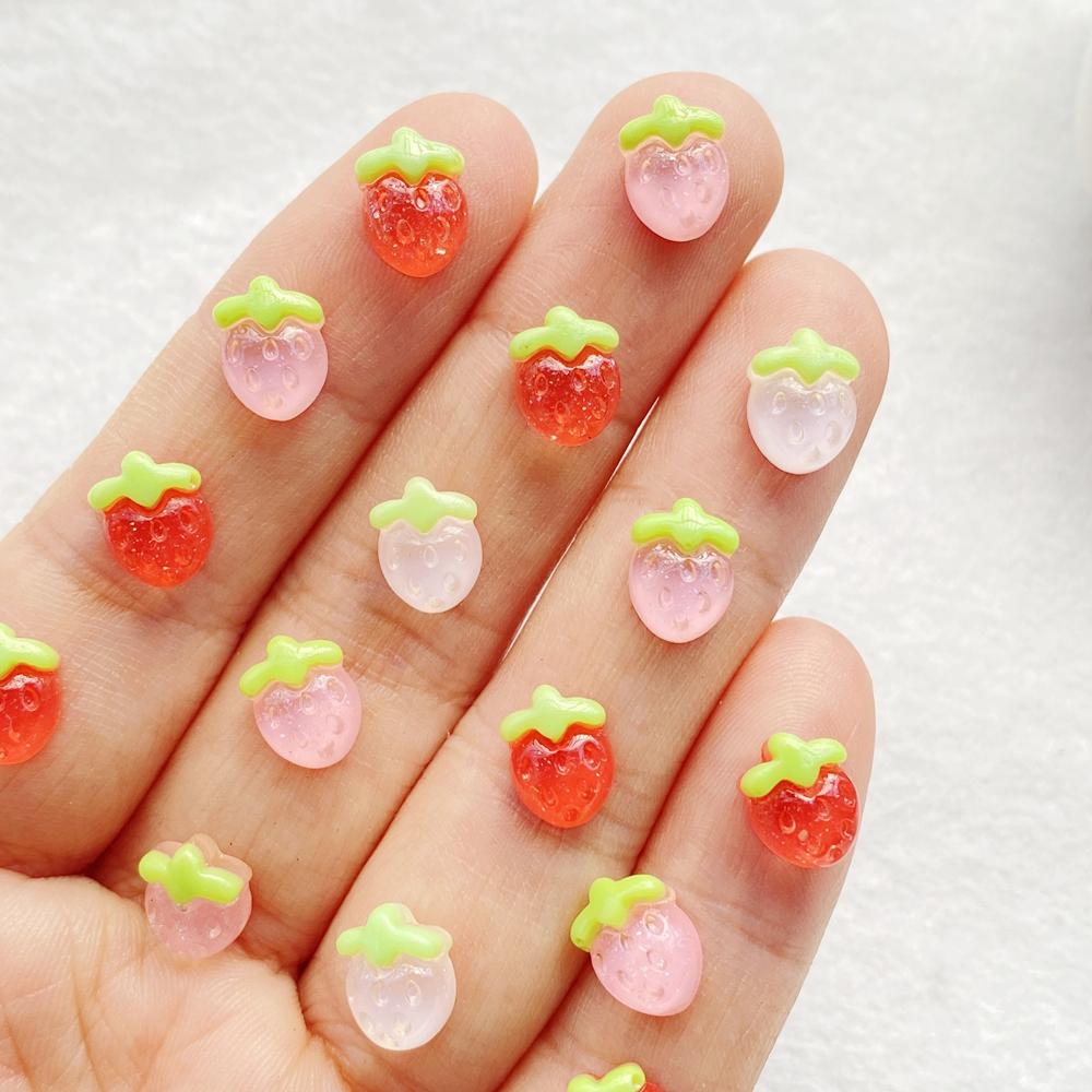 30pcs Resin Mini Pink Series Strawberry Nail Art Flat Back Stone Figurines Scrapbook DIY Jewelry Decor Crafts