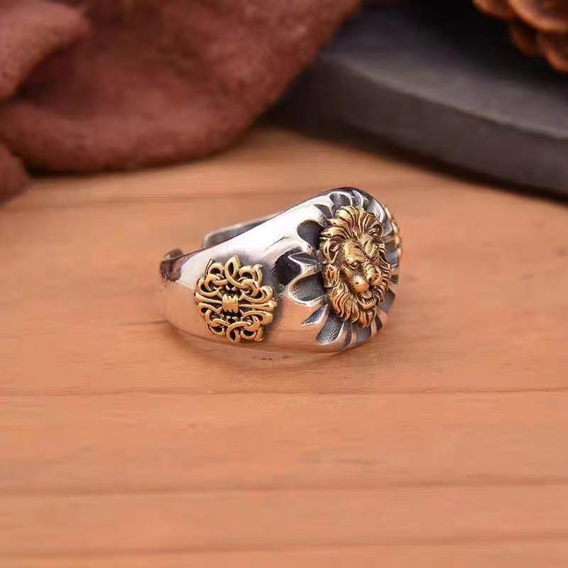Vintage Lion Head Ring Men Women Adjustable Sterling Statement Retro Animal Jewelry