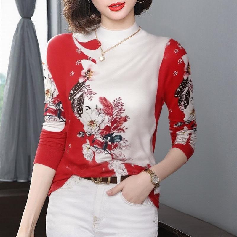 Elegant Mid-Aged & Elderly Women's Printed Long-Sleeve Top - Warm & Fashionable