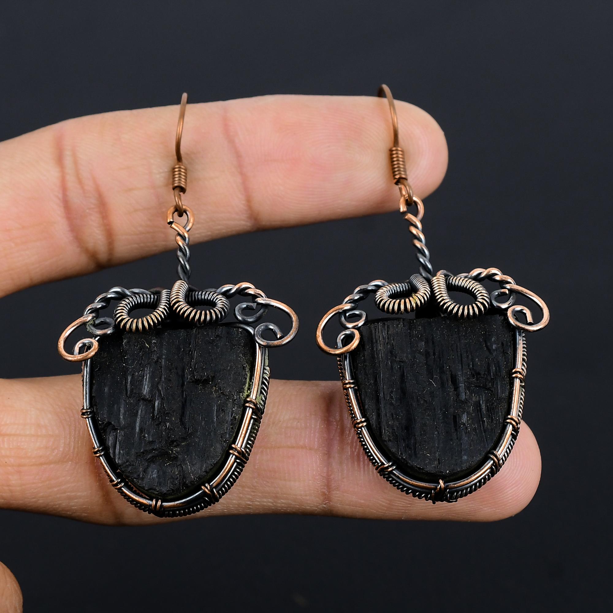 

Black Tourmaline Earrings Gemstone Jewelry, 999 Copper Wire Wrapped Earrings, Handmade Beautiful Jewelry Earrings 2.55 Inches