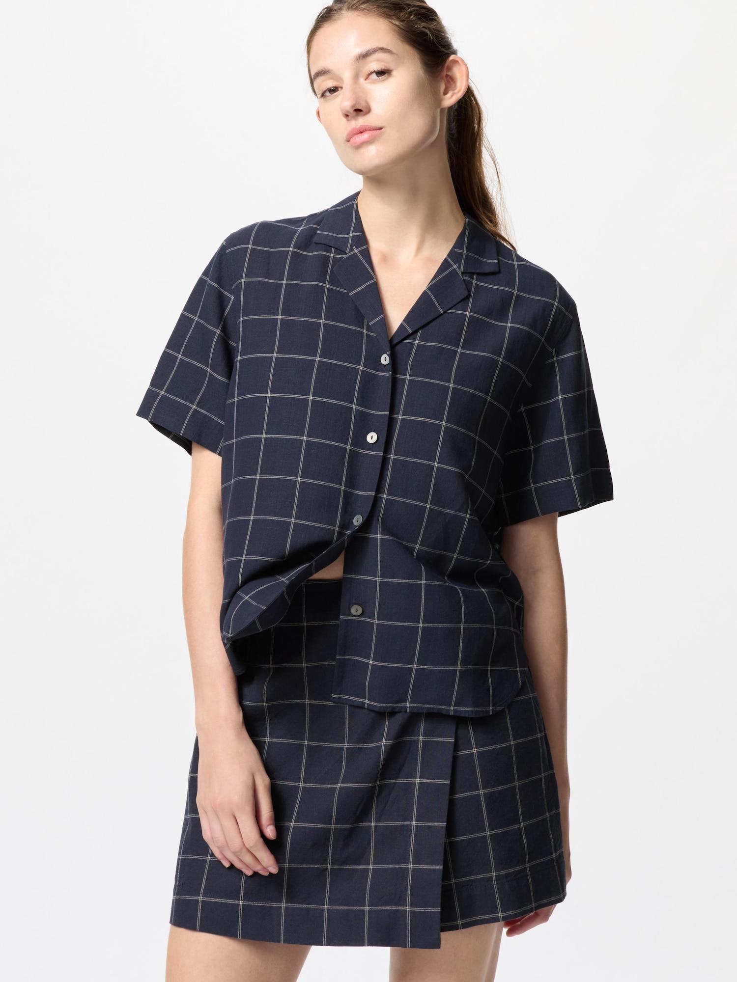 

Рубашка Uniqlo из льняной смеси с открытым воротником и короткими рукавами в клетку 69 NAVY/WOMEN XS