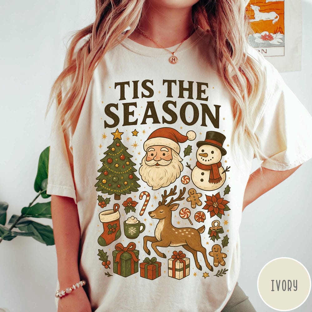 Women Vintage Christmas Comfort TShirt Dark Academia Tis the Season Santa SnowUnisex Graphic Crewneck Unisex Y2K Top Streetwear