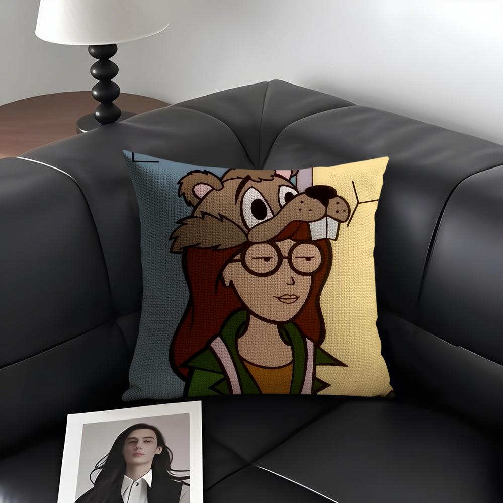 DDaria Cartoon Cushion Cover Natural Linen Organic Fabric DoubleSided Printing Sofa Home Decor Gift Pillow Case