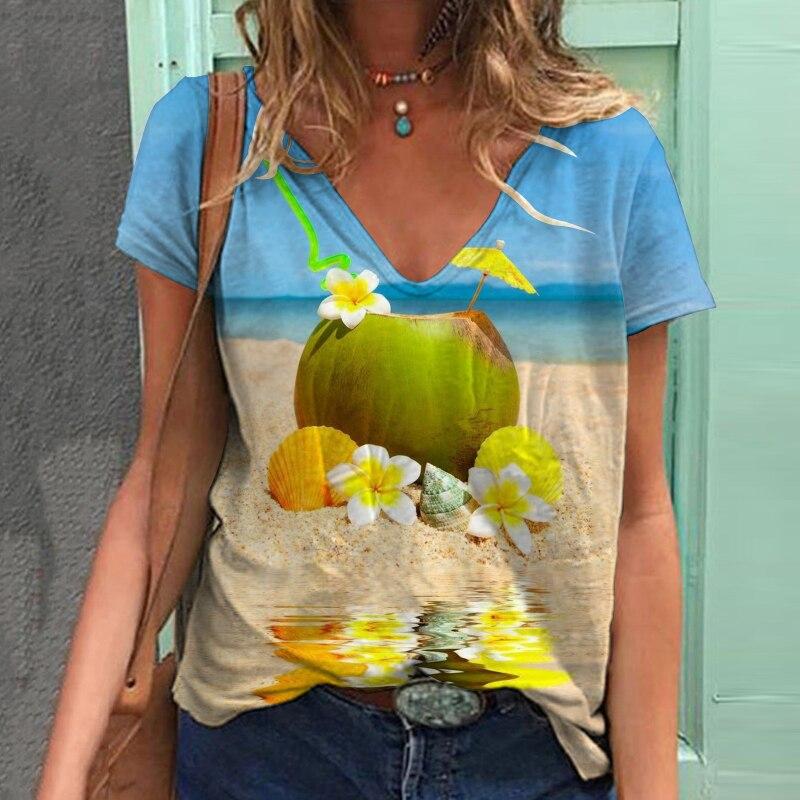 2023 Summer Beach Print Women T Shirt Tops Short Sleeve V-Neck Casual Tshirts Loose Streetwear Tees Women Clothing Blusas 25699