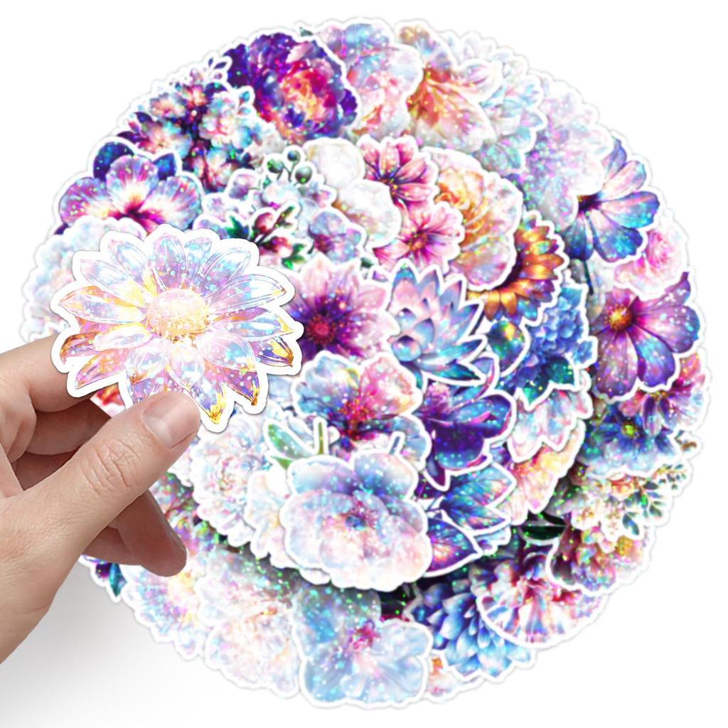 50 Sheets Holographic Iridescent Floral Stickers - Colorful, Waterproof, INS Style for Storage Boxes & Teacups
