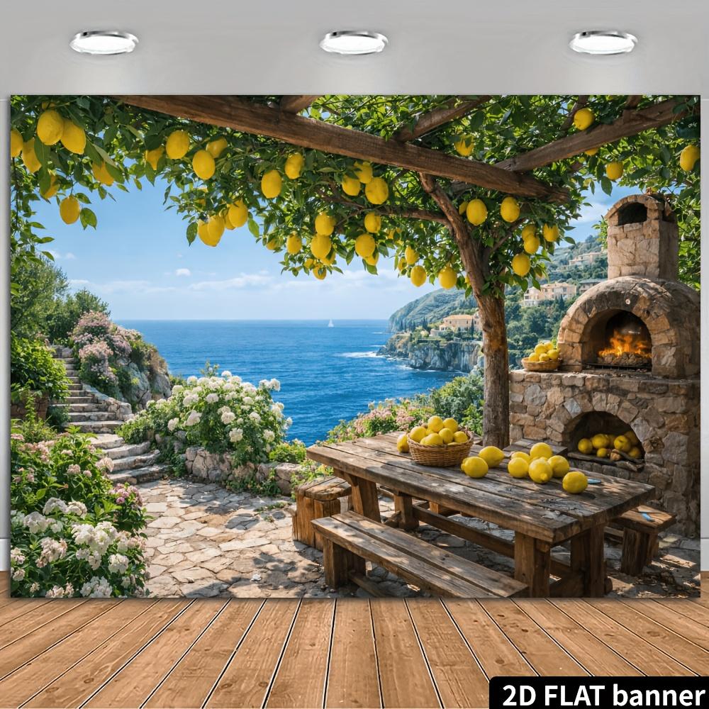 2D flat lemon tree pavilion baking kiln sea view banner background cloth lemon trees hanging with fresh fruits