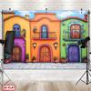 2D Colorful Mexican Village Backdrop, Hand-Drawn Street Scene Background for Themed Events