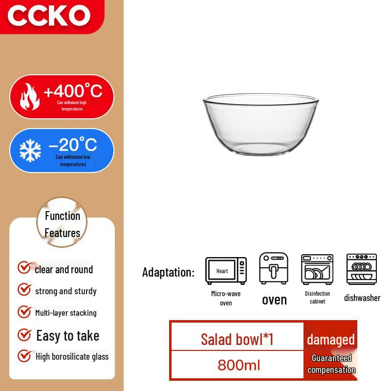 CCKO 800ml High-Temp Glass Salad & Mixing Bowl