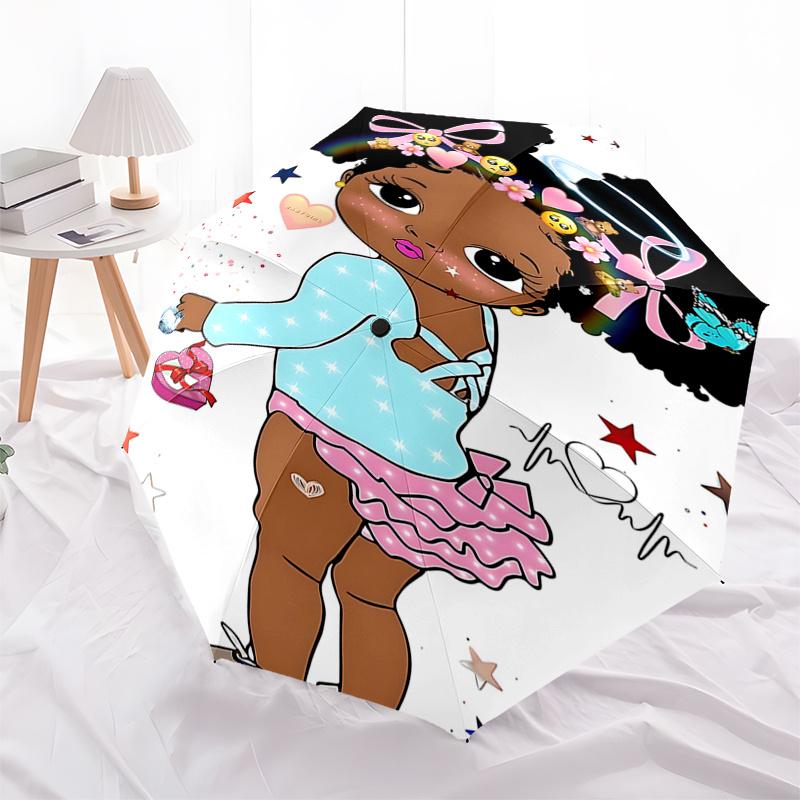 

Adorable Afro Girl with Heart and Stars: Perfect Festival Gift for Fans, Travelers, and Everyday Use - Auto Open Close Umbrella with 8-Bone