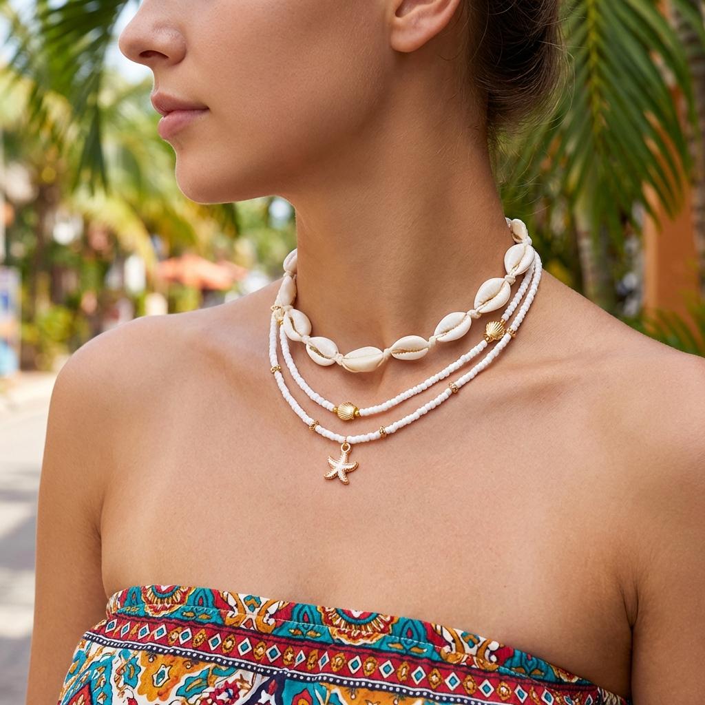Bohemian Multilayer Starfish Sea Shell Necklace For Women Fashion Imitation Pearl Rice Beads Chain Choker Summer Beach Jewelry