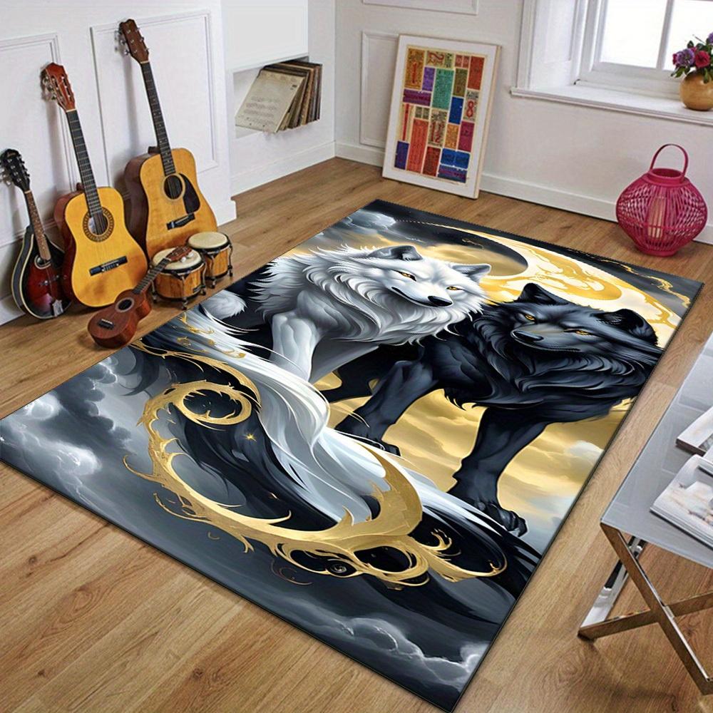 Wolf Rug - Dual Wolf Design with Golden Accents, Non-Slip Backing,  Crystal Velvet Area Rug for Living Room, Bedroom, Off