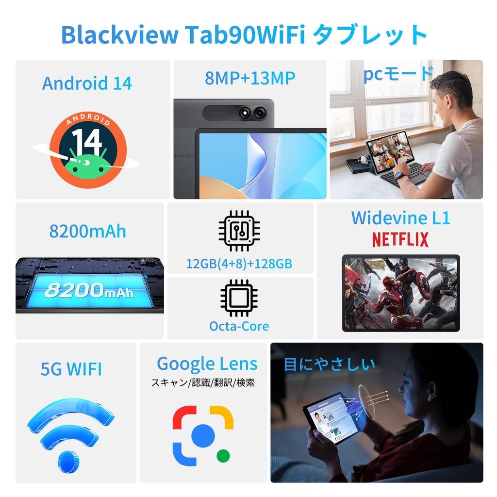 New Android 14 Blackview Tab90WiFi Android 14 Doke PC Mode PD Fast Widevine 1080P 5G WiFi GMS Authentication Face Recognition OTG Wireless Projection