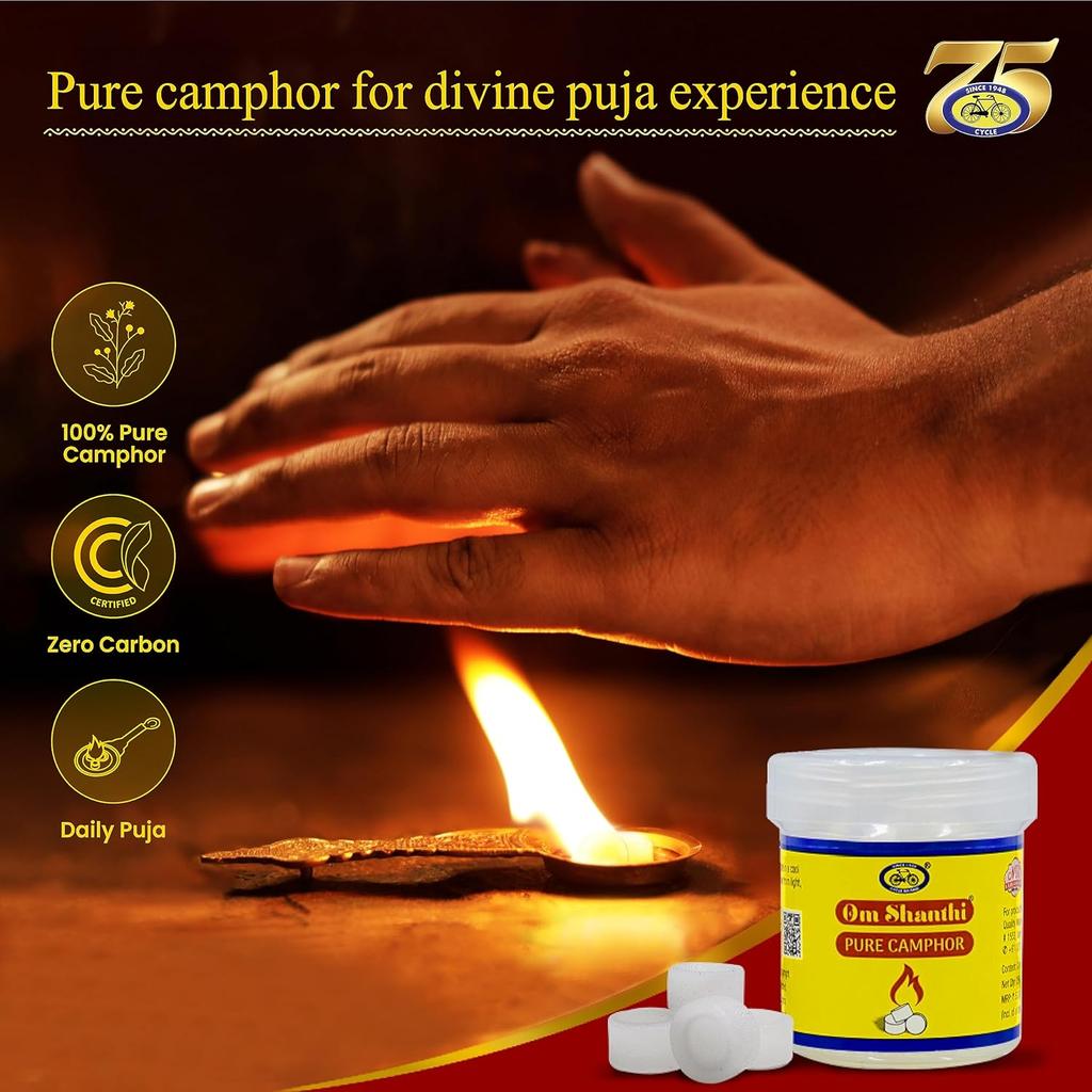 Cycle Pure Om Shanthi Camphor Tablets 110  Pure Karpur for Puja Rituals, Havan & Special Occasions with Zero Carbon (110 N X 1 Kapur Jars)