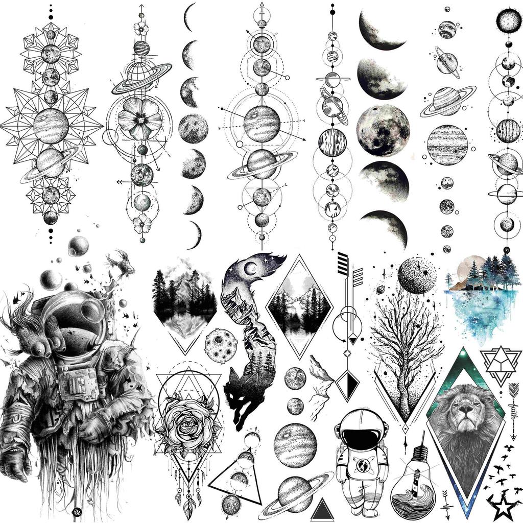 6 Sheets Black Space Temporary Tattoos For Adults Geometric Planets Fake Tattoo Universe Astronaut Galaxy Tatoos For Women Men