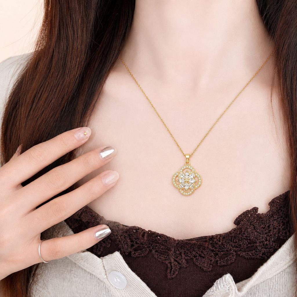 Trendy Four-Leaf Clover Zircon Pendant Necklace, 18K Gold-Plated Copper