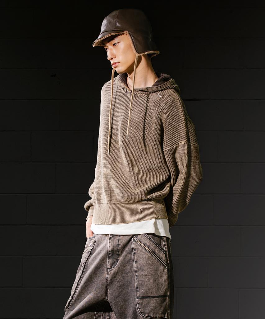 BIG UNION Dying Washed Knit Hoodie / Dark Brown