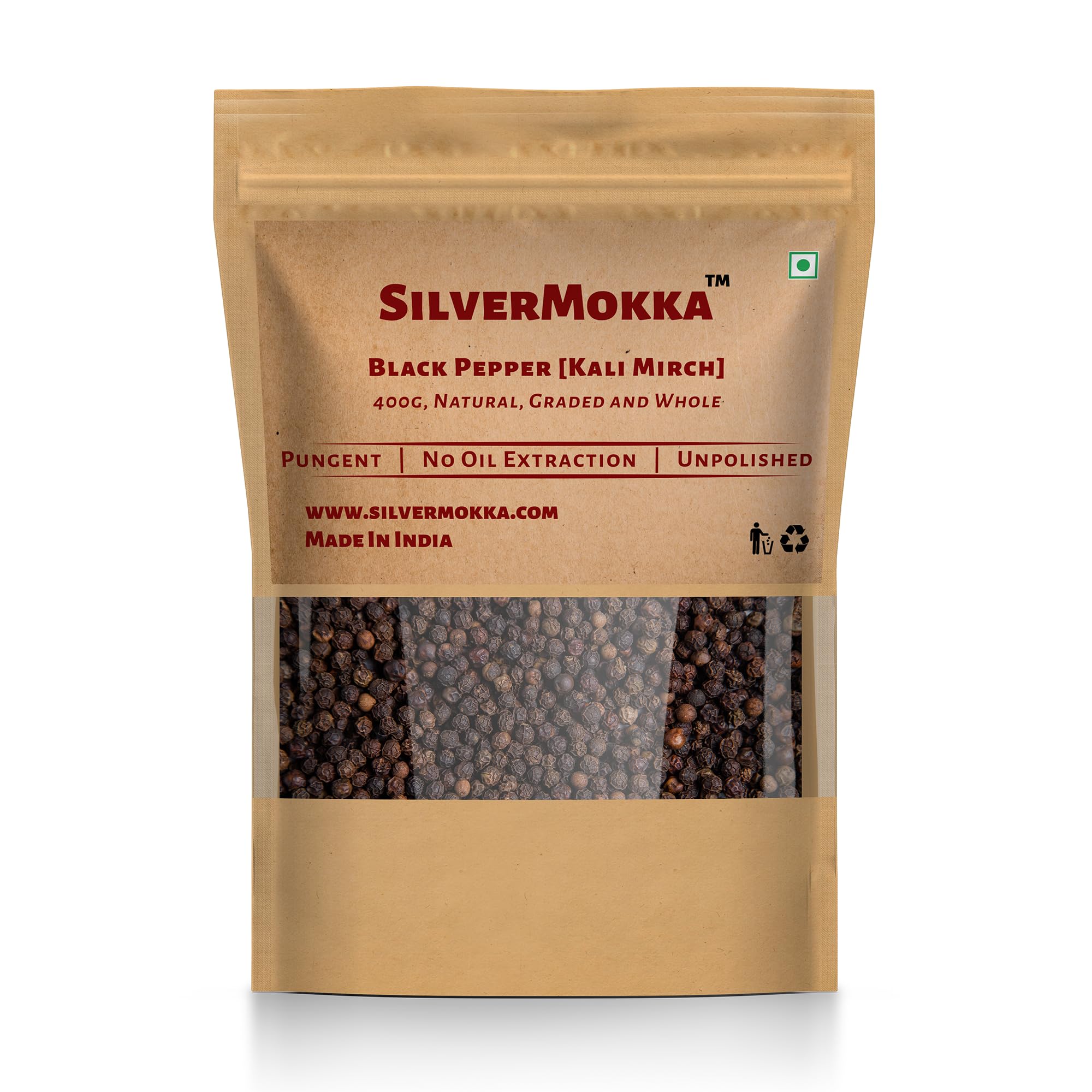 

SilverMokka Whole Black Pepper/Peppercorn [Kali Mirch] 400g | Bold, Strong, Pungent | Pure, Naturally Dried, Hand Process, No Oil Extraction | Fa