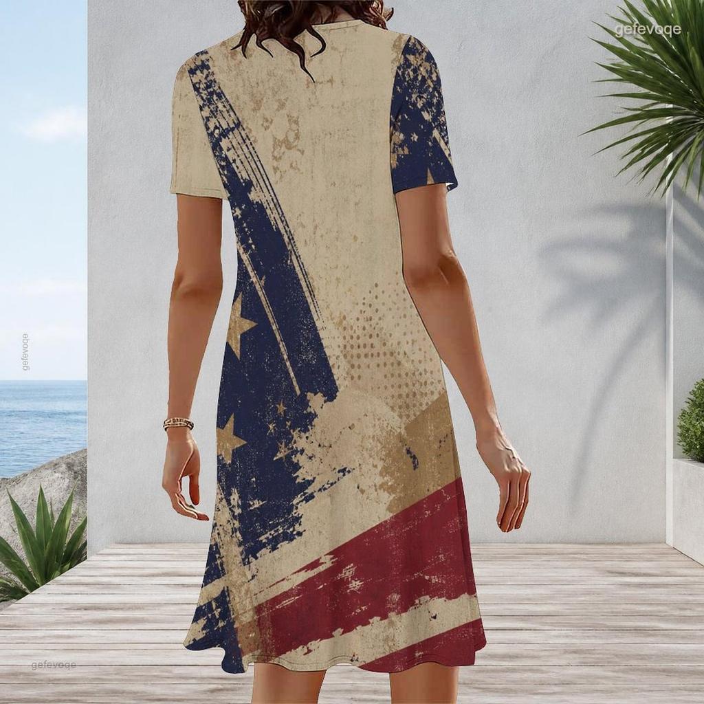 Women Plus Size Round Neck Short Sleeve American Flag Printed White A Line Dress