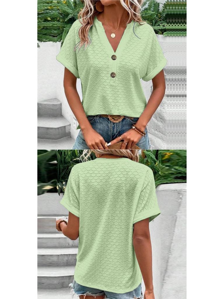 Spring/Summer 2026 Women's Casual V-Neck Button T-Shirt - Sweet Short Sleeve, Solid Color