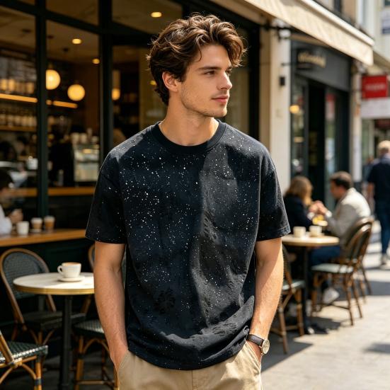 Men Stylish Shabby T-Shirt Loose Fit Casual Tee Sparkling Summer Tee Shirt for Party Holiday Street Wear