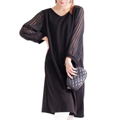 Gold Japan Übergröße Chiffonkleid mit Cut Georgette Größe Damen Ärmel, Tunika, 5L, Schwarz, man-195018