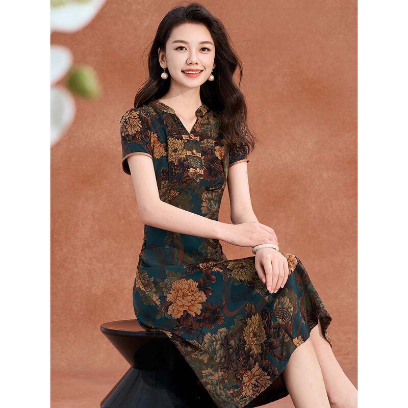 Women s Floral Print V-Neck A-Line Cheongsam Dress 3XL