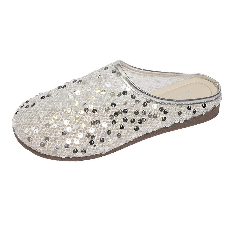 2025 Summer New Mesh Breathable Sequined Bag Head Half Slippers Women Wear Flat-bottomed One-pedal Lazy Shoes