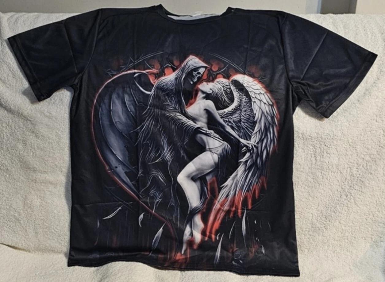 GRIM REAPER DEATH SEXY LADY ANGEL WINGS SKULL HORROR SCARY T-shirt L