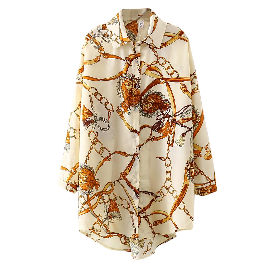 Fashion Women Loose Long Sleeve Printed Turn-down Button Ladies Top Shirts