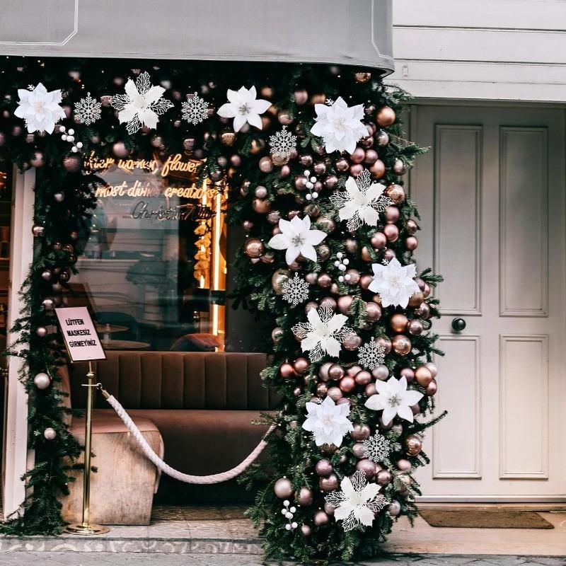 White Christmas Tree Decorations Artificial Flowers Ornaments Berry Stems Hanging Snowflakes for Xmas Tree Party Holiday Decor