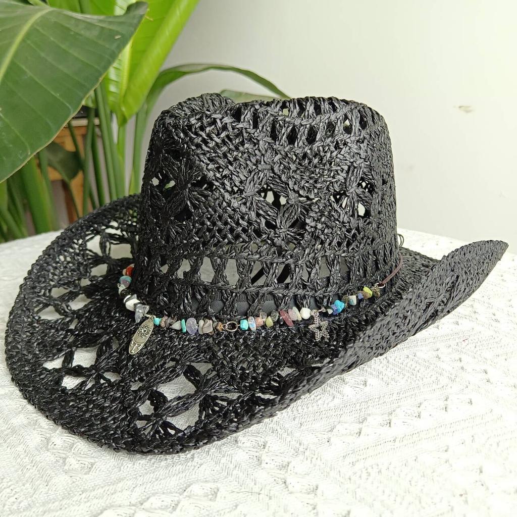 2026straw New cowboy hat women'shollow woven cowboy straw hat retro elegant western cowboy wide brim hat