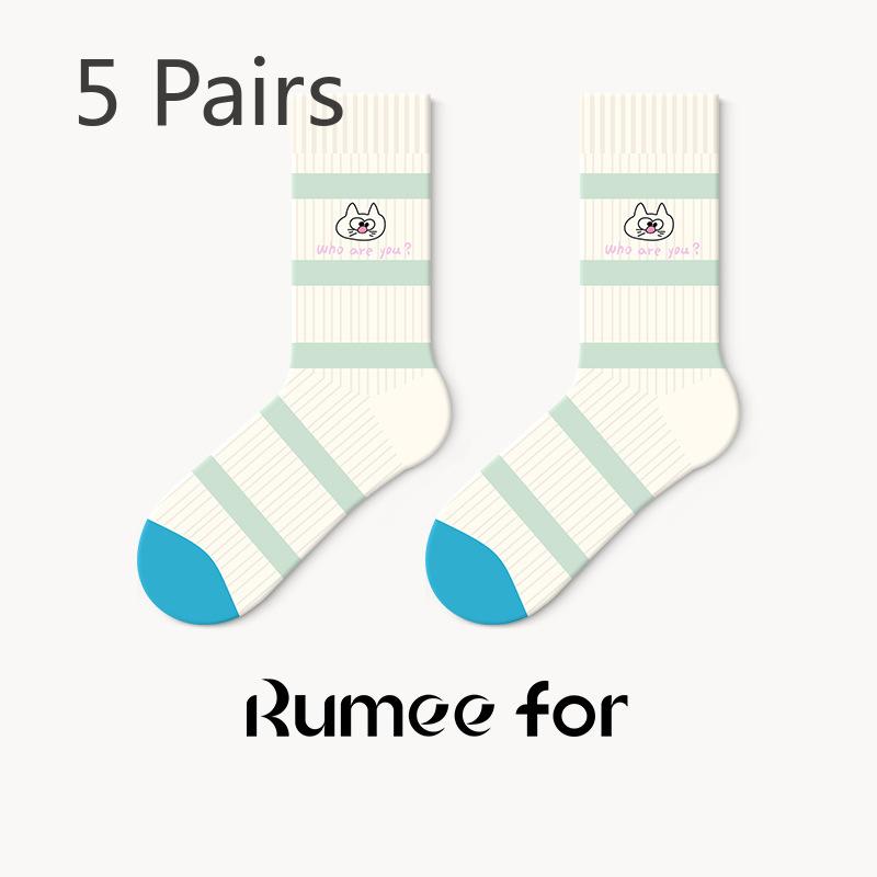 5 Pairs of Female Spring and Autumn New Student Cartoon Boneless Stripe Deodorant Wicker Socks