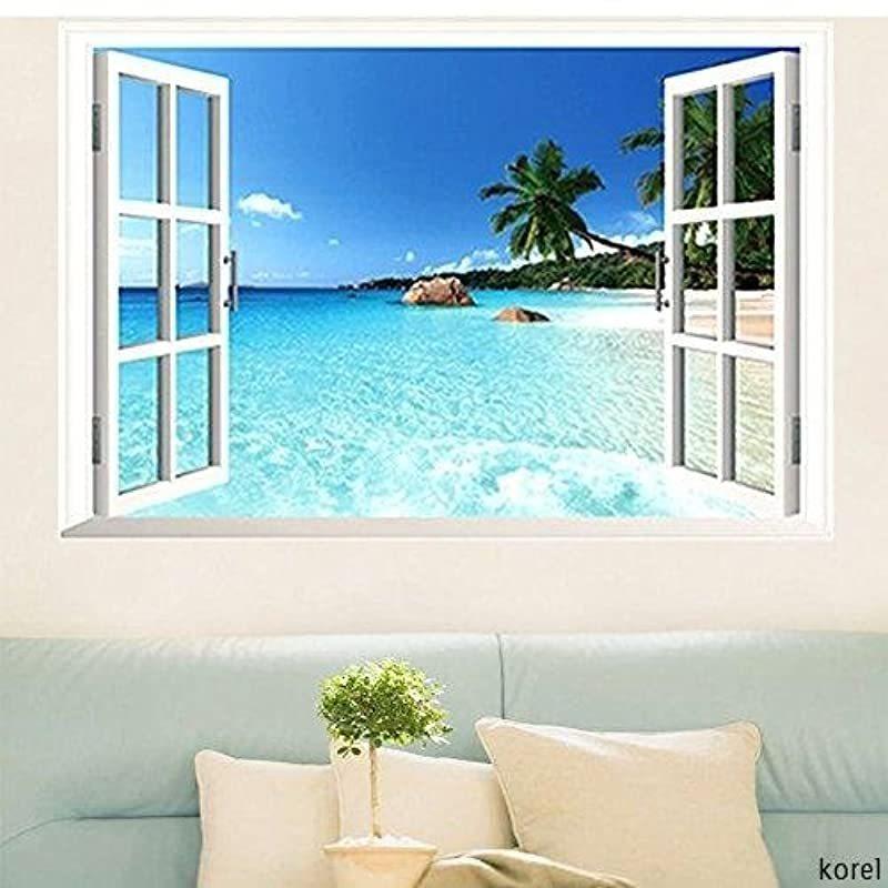 Large Removable Beach Sea 3D Window Decal WALL STICKER Home Decor Exotic Beach View Art Wallpaper